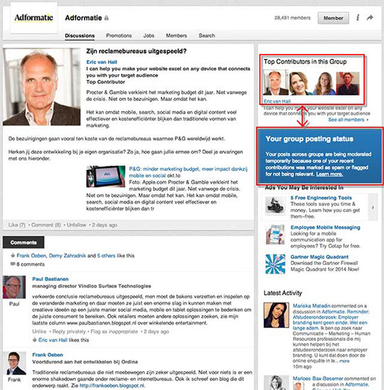 Screenshot Linkedin groep Adformatie: Eric van Hall zowel top contributor als onder moderatie gesteld.