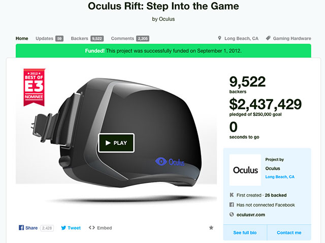 Oculus Rift Kickstarter pagina screenshot