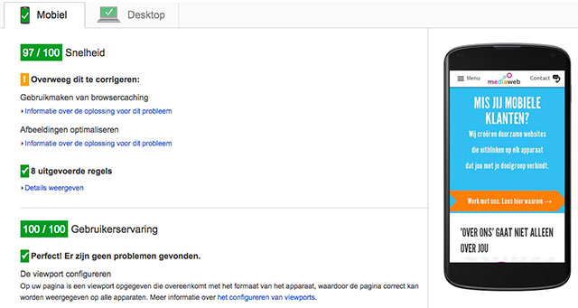 Google PageSpeed test Mediaweb