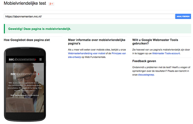 Voorbeeld mobielvriendelijk test Google