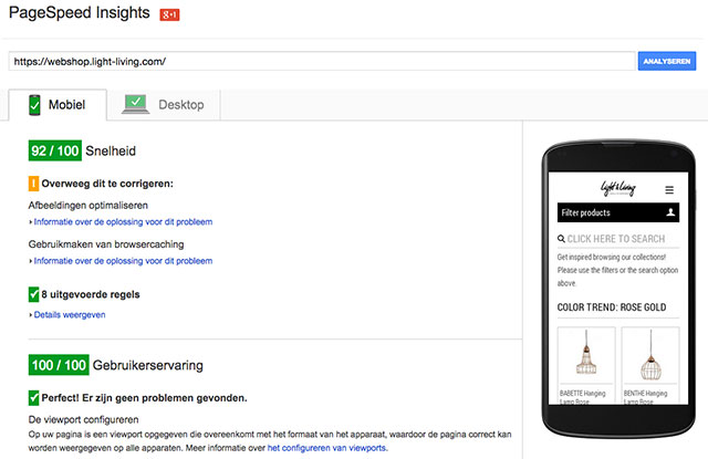 Webshop Light & Living pagespeed