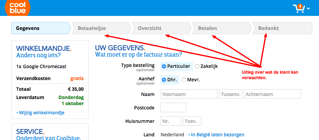 Screenshot shoppingcart Coolblue met stappen