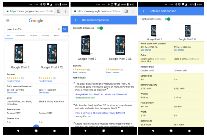 Google vergelijkt productspecificaties