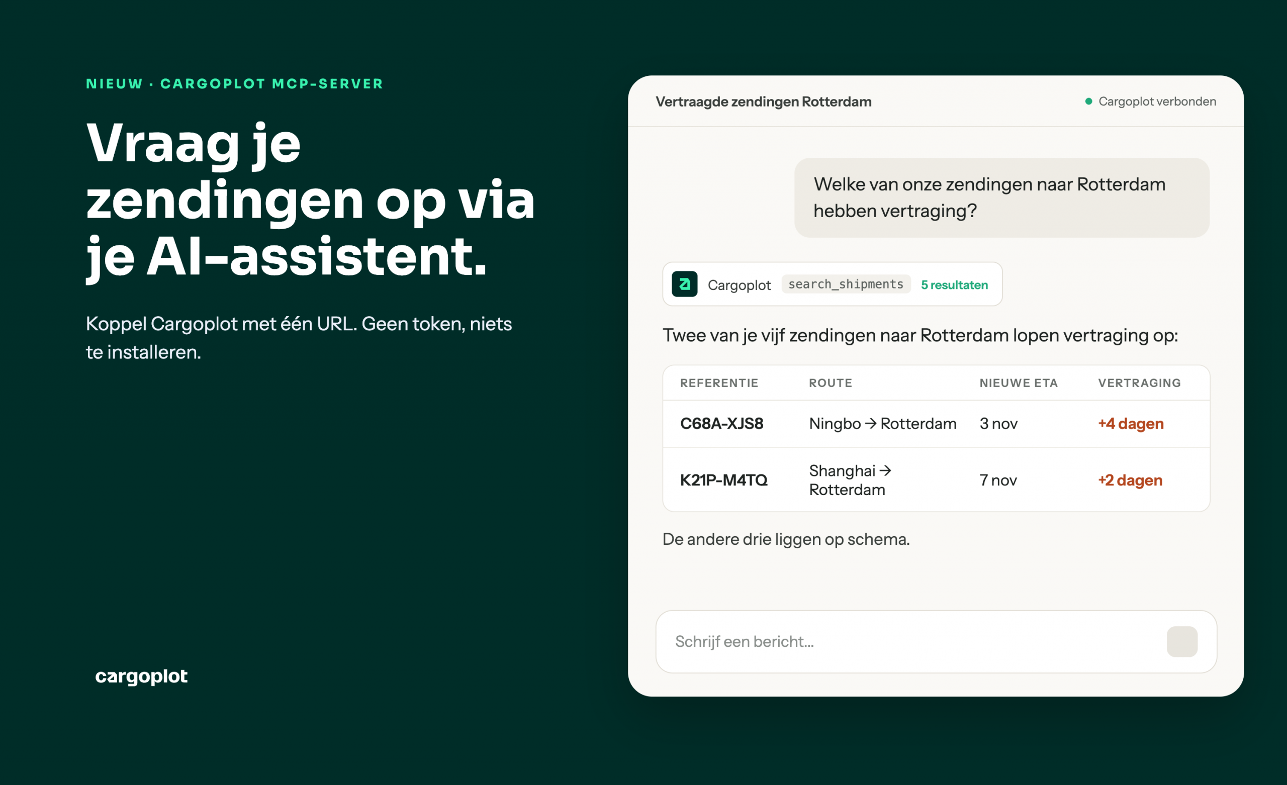 Cargoplot-presentatie met een voorbeeld van een AI-gesprek over vertraagde containerzendingen naar Rotterdam